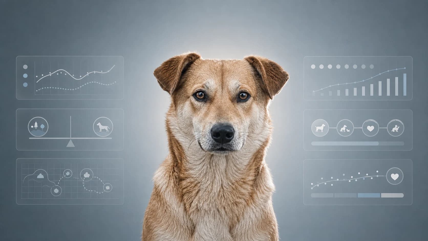 A centered calm dog framed by six translucent care-assessment panels