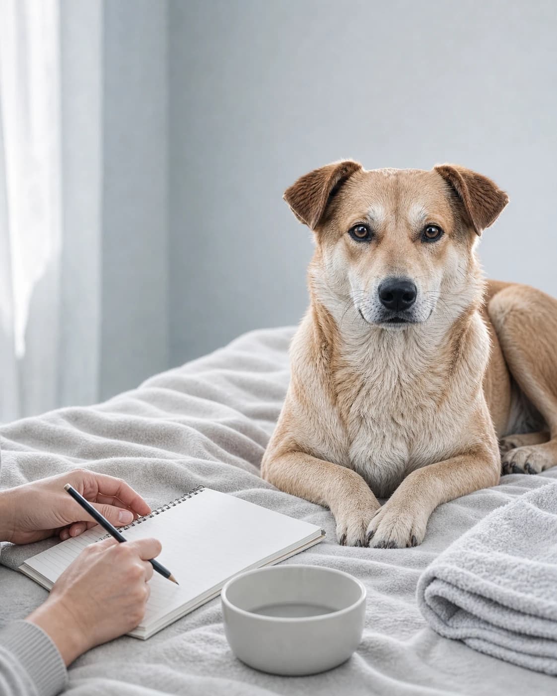 A calm dog resting while an anonymous caregiver records observations