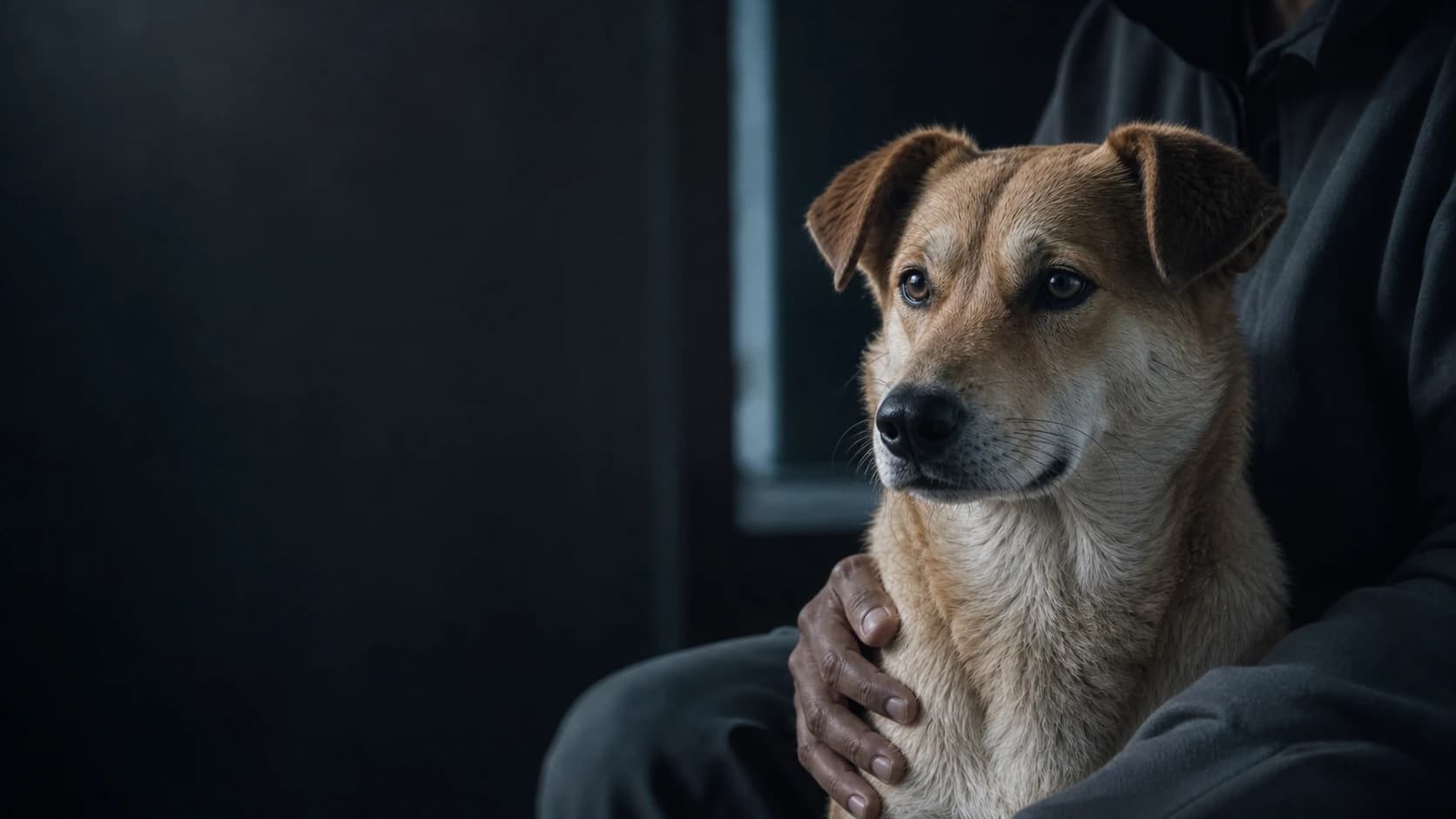 Atmospheric portrait of a dog beside an anonymous caregiver
